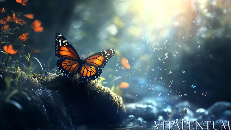 Monarch butterfly basking in sunlight by a stream, fantasy style.