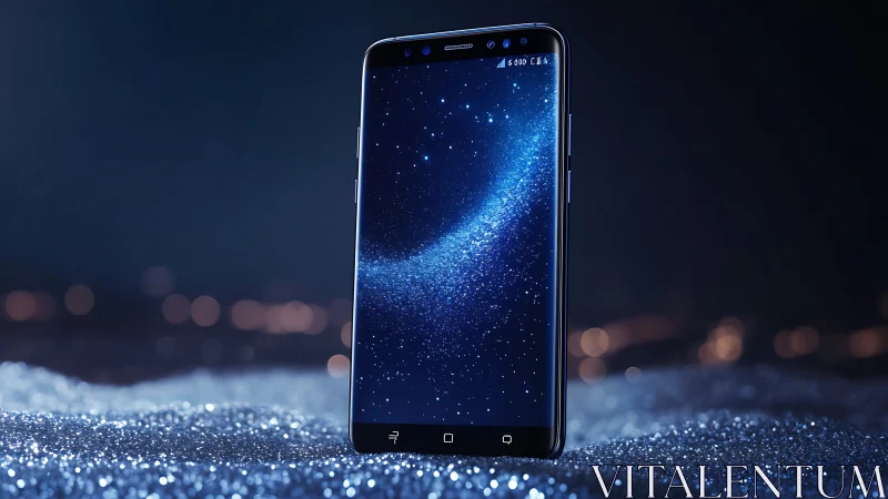Starlit smartphone standing tall on a glittering nightscape.