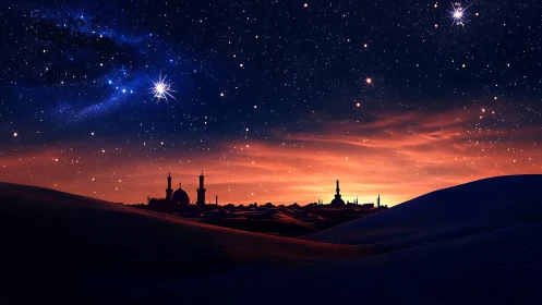 Desert dunes frame distant skyline beneath dense starfield