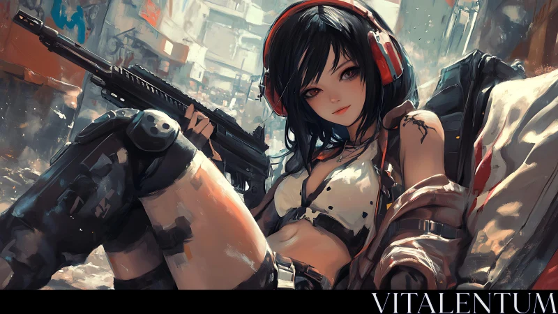 Cool-headed street heroine relaxing in a neon-tinged chaos.