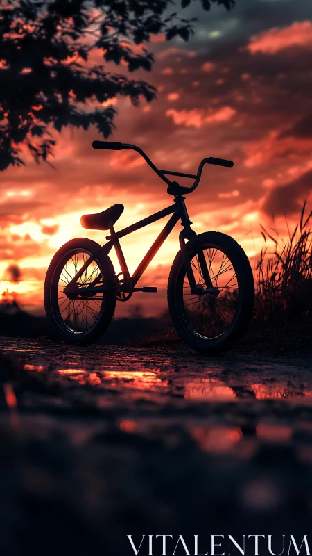 Silhouetted Bicycle Glows Against Molten Sunset Sky