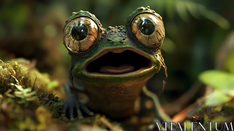 Wide-eyed forest frog discovers the camera with comic awe