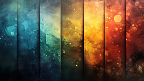 Gradient cosmic panels blend teal, gold, and ember light.