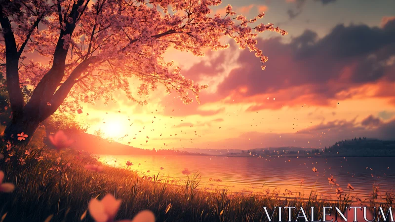 Sunlit cherry blossom shoreline captures atmospheric dusk glow