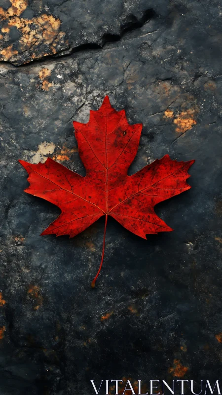 Red maple leaf rests on dark stone with rich autumn contrast.