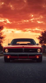 Red classic muscle car sits centered under vivid sunset sky