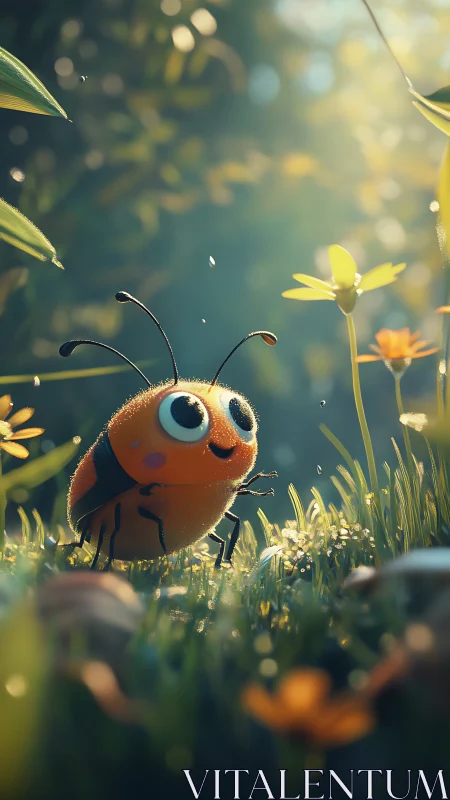 Cartoon ladybug character in softly lit garden scene.