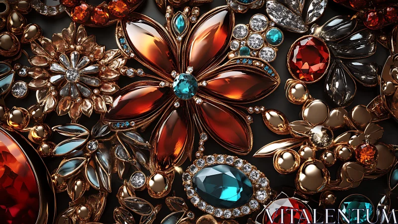 Gem-encrusted floral microstructure in metallic relief cluster.