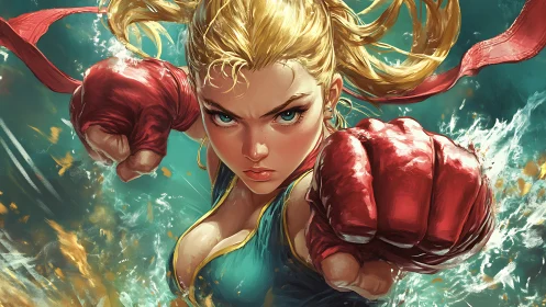 Female martial artist in forward punch pose, water backdrop.