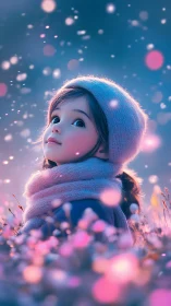 Child gazes upward in glowing winter twilight field.