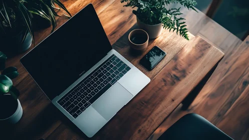 Minimal workspace with laptop, smartphone, plants, warm light.