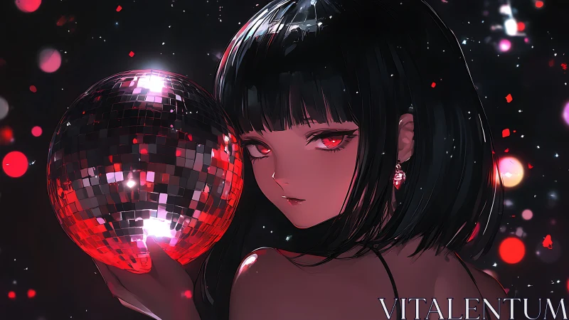 Dark haired anime girl holding red disco ball at night.