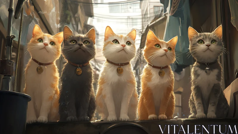 Five Cats in Alley: White, Orange, Black Varieties