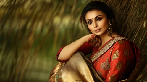 Elegant woman in traditional red sari, natural light portrait.