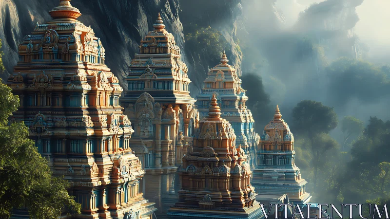 Tiered temple towers in misty forested mountain valley.