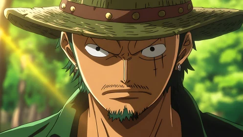 Hat-shaded anime swordsman under directional forest sunlight.