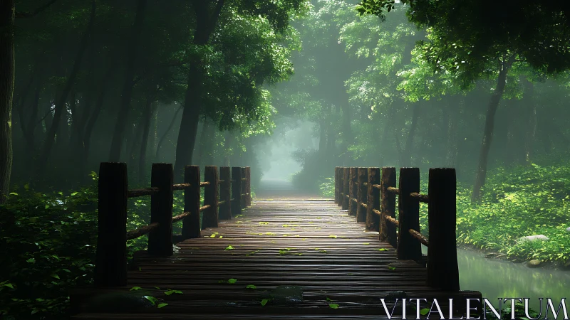 Wooden forest bridge leads into soft morning mist.
