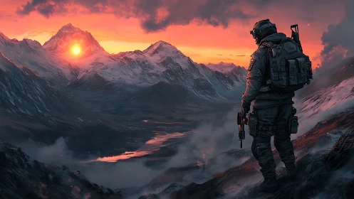 Lone soldier quietly admires a blazing mountain sunrise