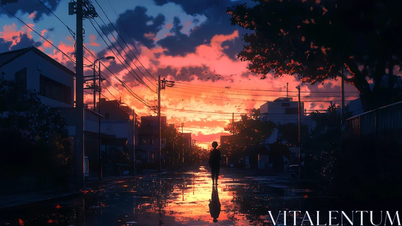 Solitary figure crosses glowing sunset street reflection.