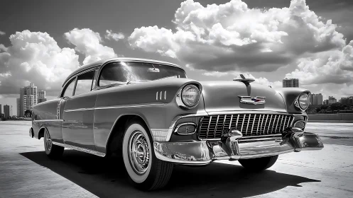 Classic midcentury Chevrolet parked under dramatic clouds.