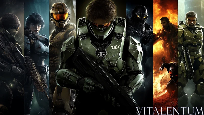 Armored sci fi soldiers aligned in dramatic team portrait.