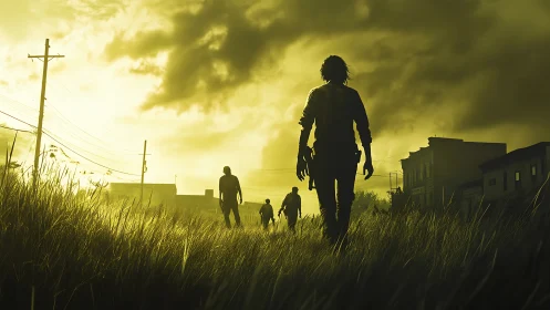 Silhouetted figures crossing grassy field toward town at dusk.