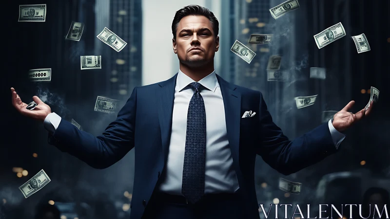 Confident businessman commands money in dramatic city scene.