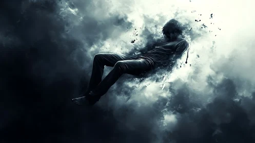 Figure suspended in dense monochrome smoke dispersion field