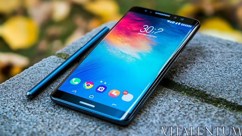 Samsung Galaxy Note Phone with Stylus on Stone Surface
