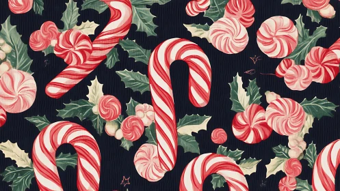 Peppermint Candy and Holiday Botanical Pattern Over Deep Navy Ground