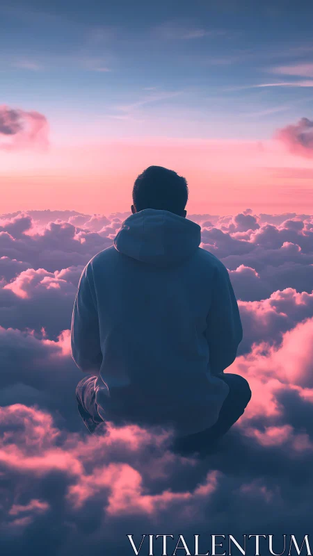 Dreamy figure resting above soft pink sunset clouds.