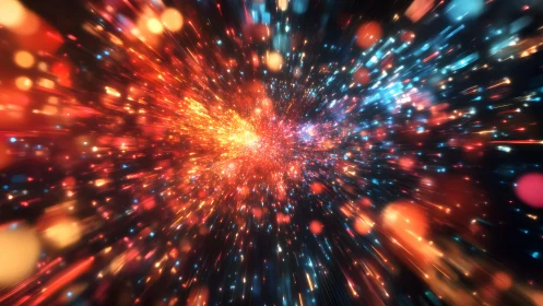 Vivid cosmic explosion with dynamic light bursts, abstract digital art.