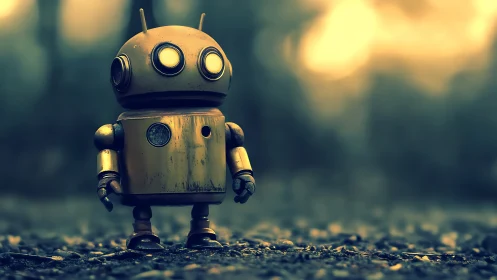 Lonely yellow robot gazes ahead in soft golden twilight.