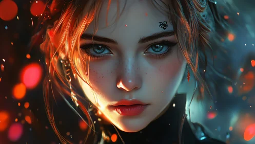 Digital painting portrait with ember bokeh and cinematic focus.