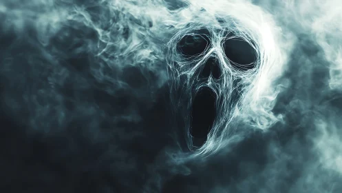 Ethereal spectral skull emerging from swirling cyan mist