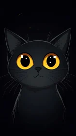 Black feline with yellow eyes against dark background.
