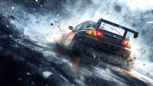 Racing sedan drifts through wet debris with dynamic motion blur