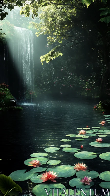 Whispering waterfall over lily kingdoms in hidden glade.