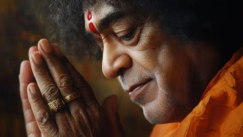 Elderly spiritual man in orange robe praying in profile view