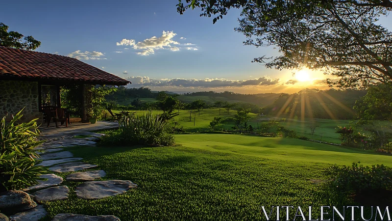 Sunlit rural veranda overlooking stratified green valley landscape.
