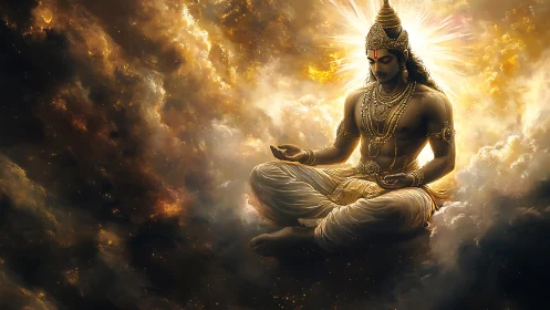 Divine figure seated in luminous golden cloud environment.