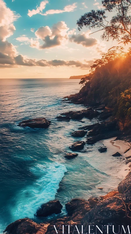 Golden light kisses a rocky cove along a peaceful ocean