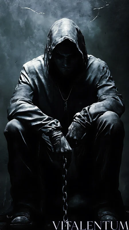 Hooded solitary figure in low key chiaroscuro with hanging chain