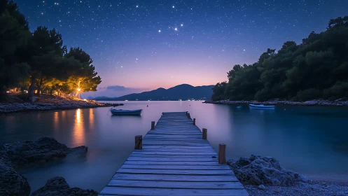 Wooden pier extends into calm bay under twilight sky