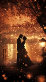Silhouetted couple embracing on illuminated waterfront promenade.