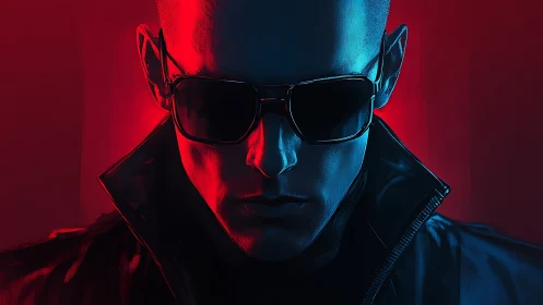 Digital portrait of man in sunglasses with red blue light.