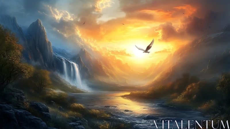 Golden sunrise over misty valley river and soaring eagle