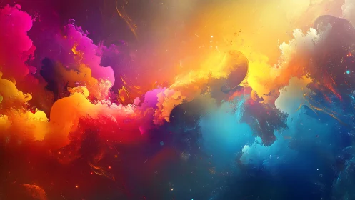 Radiant cosmic clouds swirl in a dreamy rainbow sky