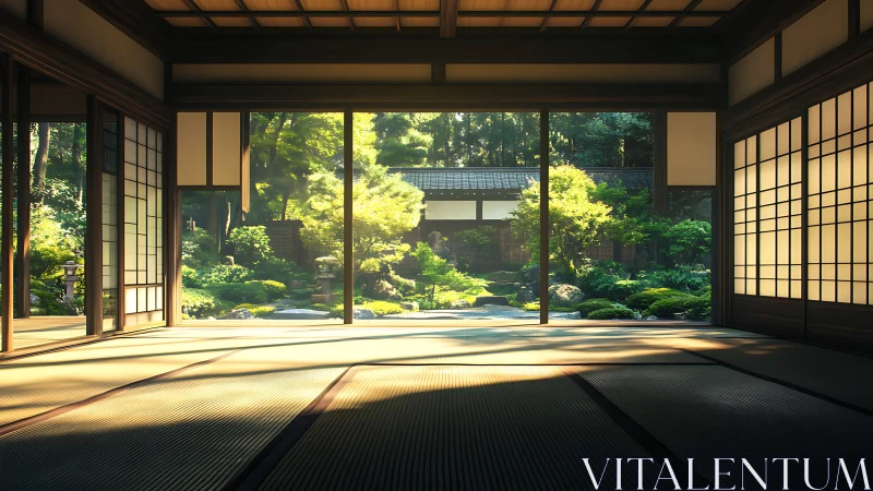 Sunlit tatami hall opening onto a whisper-soft zen garden.