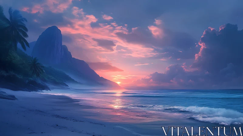 Digital seascape depicts coastal mountains under sunset light